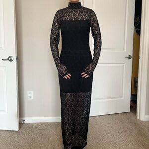 Black Lace Mock Neck Maxi Dress